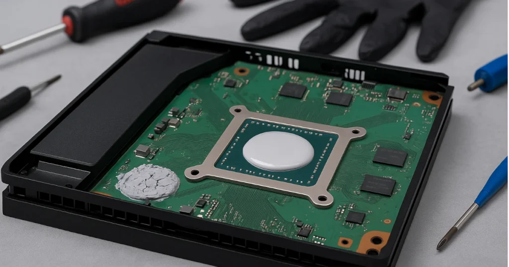 Aplicación de pasta térmica nueva en PS4 junto a pasta vieja seca – reparación profesional de consolas