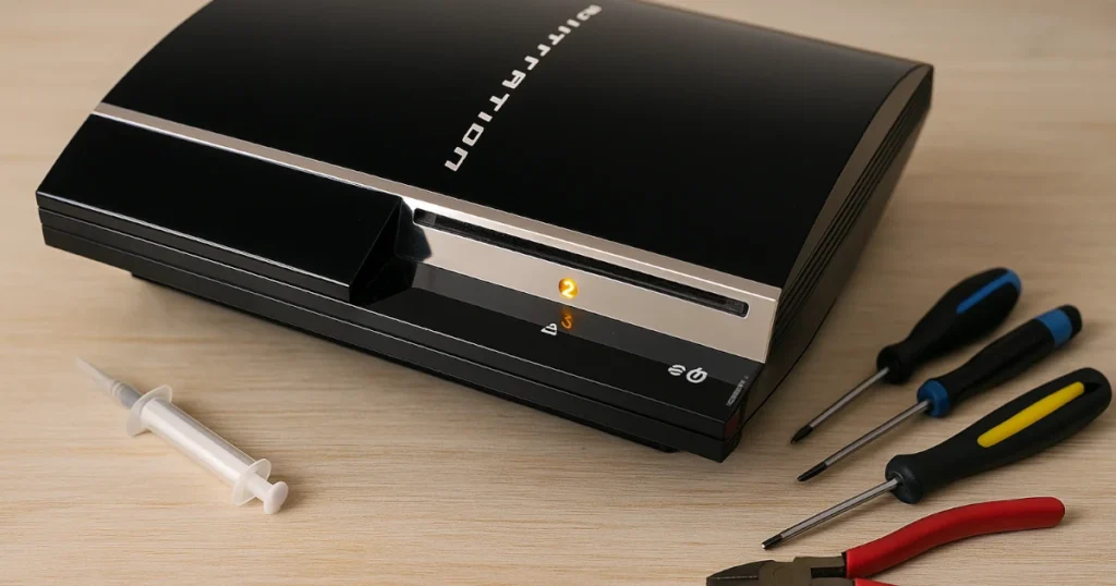 PS3 FAT con luz amarilla encendida y herramientas para reparación