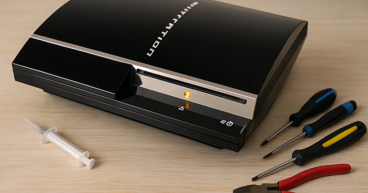 PS3 FAT con luz amarilla encendida y herramientas para reparación
